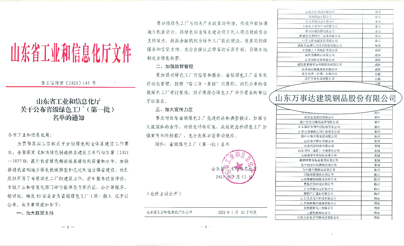 山東省綠色工廠企業